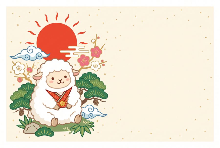 Cute sheep in kimono collar under rising sun, Japanese New Year card illustration