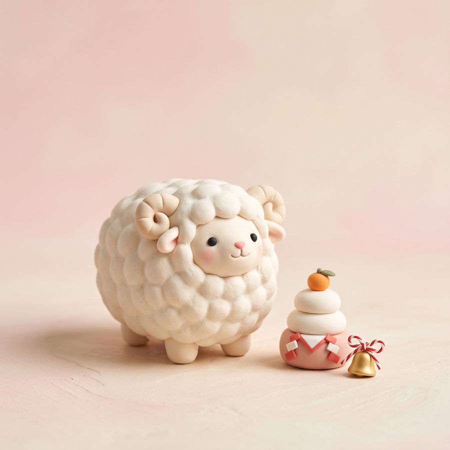3D clay style sheep with kagami mochi and bell, Japanese New Year square illustration