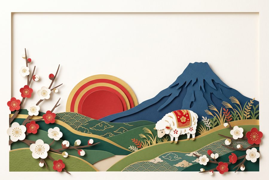 Paper cut sheep on hills with rising sun and plum branches, Japanese New Year background