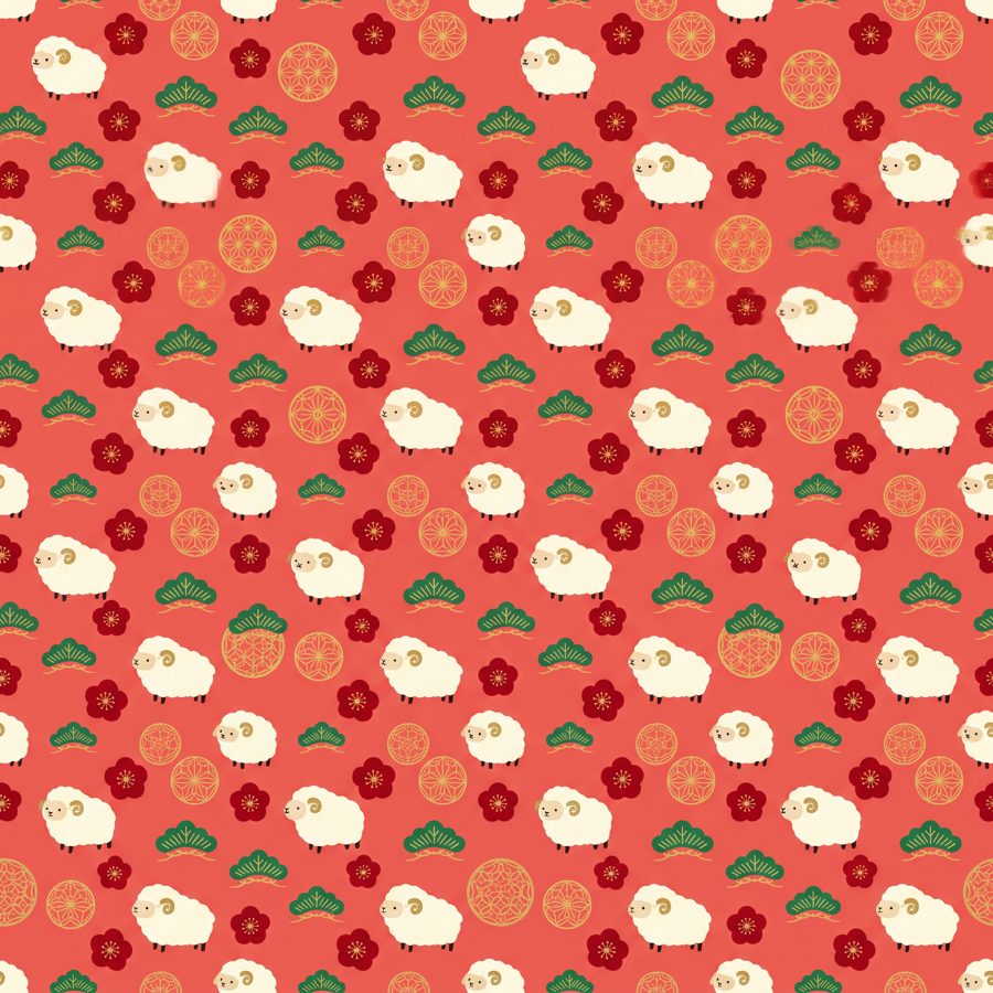 Seamless Japanese pattern with sheep, plum blossoms and pine on red, New Year wagara
