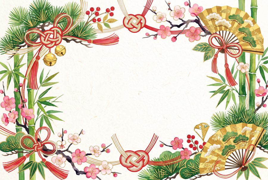 Pine, bamboo and plum frame with mizuhiki cords and gold fans on washi, Japanese New Year
