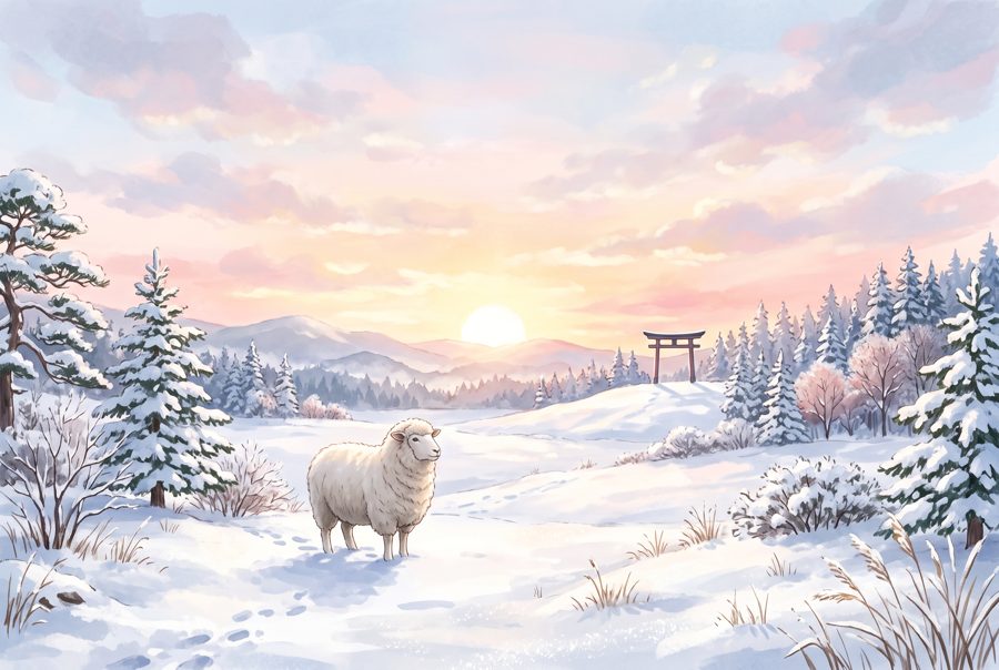 White sheep in snowy Japanese countryside at sunrise with distant torii, New Year illustration