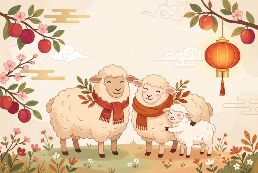 Sheep family with lamb, plum branches and lantern, warm Japanese New Year illustration