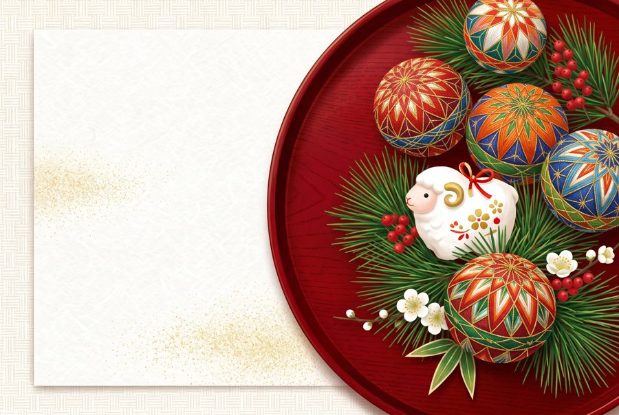 Temari thread balls, white sheep figurine and pine on red lacquer tray, Japanese New Year art