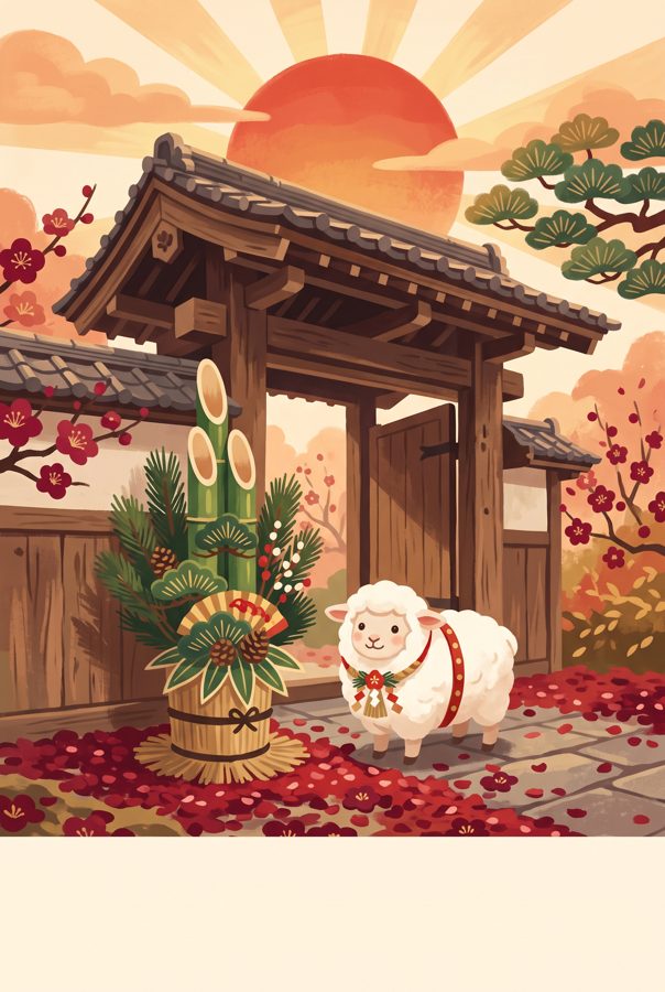 Sheep beside kadomatsu decoration at wooden gate with rising sun, vertical New Year card