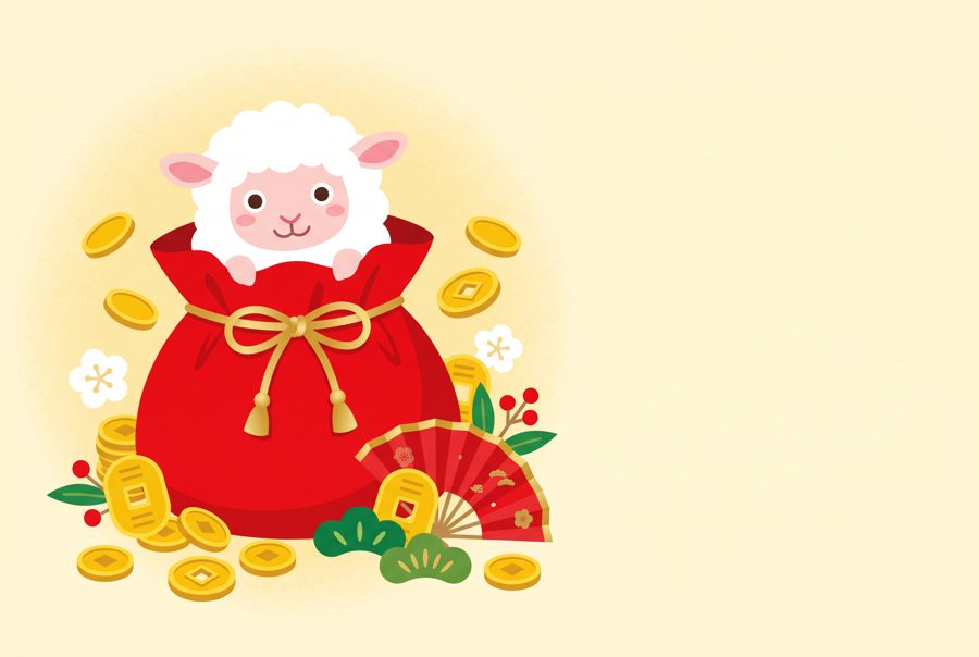 Sheep peeking from red lucky bag with gold coins and fan, Japanese New Year sale illustration