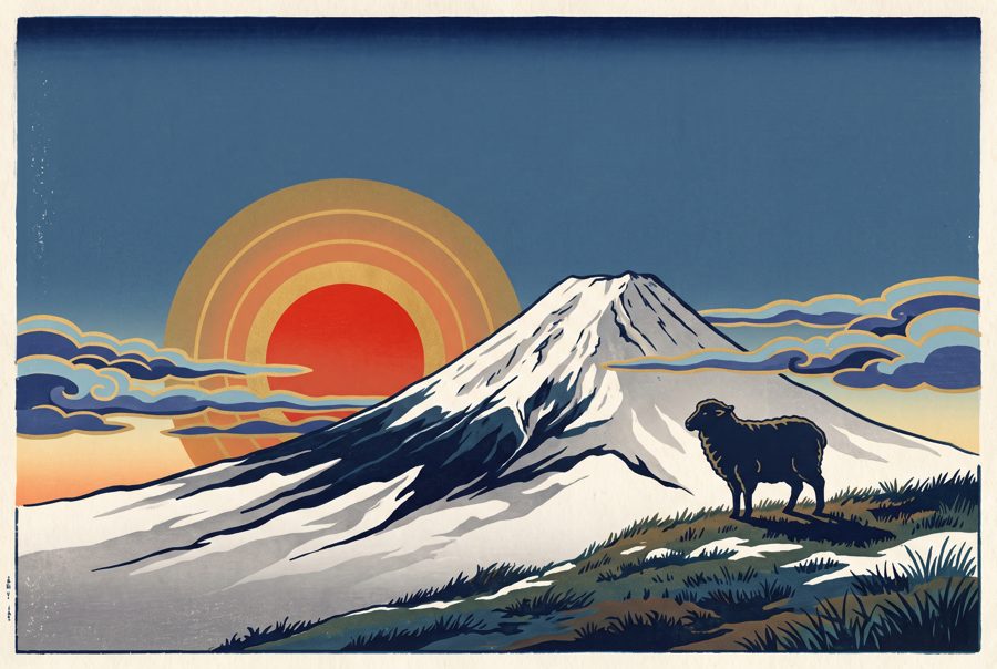 First sunrise over snow-capped mountain with sheep silhouette, Japanese woodblock style