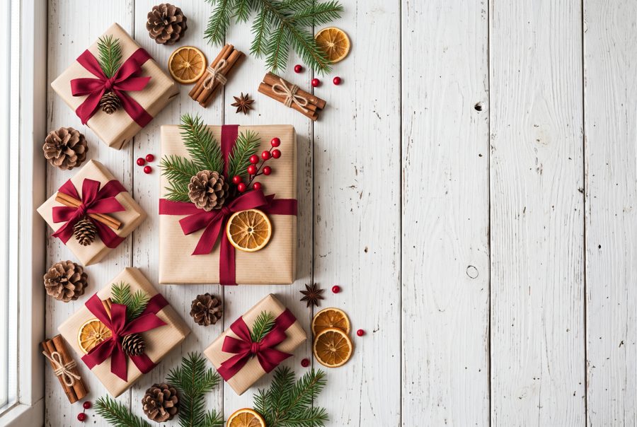 Christmas gift boxes in kraft paper with red ribbons, pine cones and fir on white wood