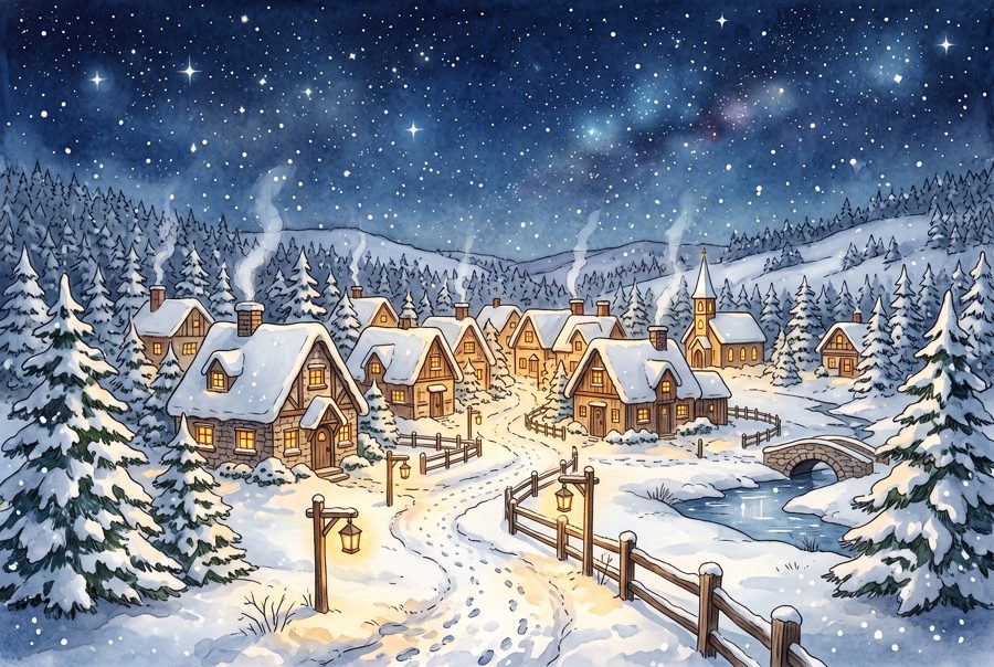 Snowy village at night with glowing windows and fir trees, cozy winter illustration