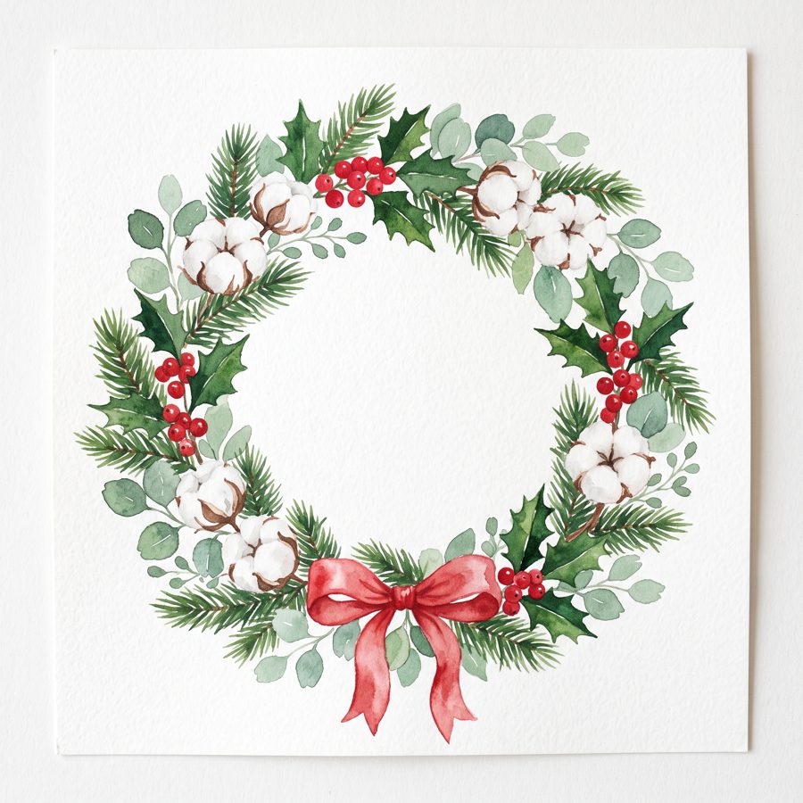 Watercolor Christmas wreath with fir, holly, eucalyptus and red bow