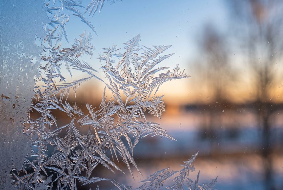 Frost crystals on window pane at sunrise, macro winter texture