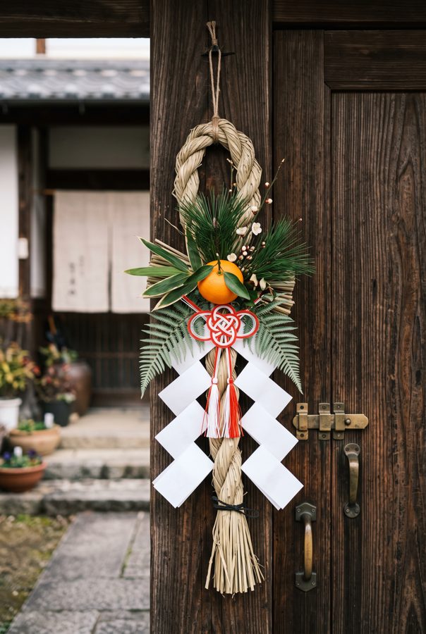 Japanese shimekazari New Year rope decoration hanging on wooden door