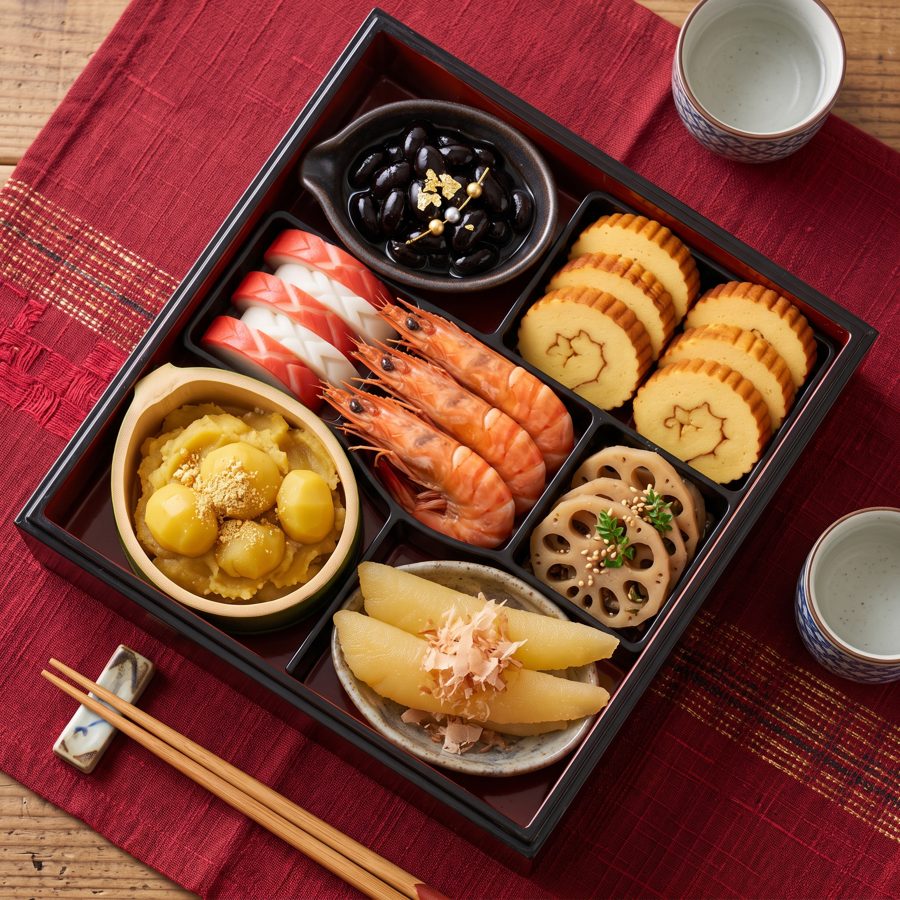 Traditional Japanese osechi New Year food in black lacquer box, top view