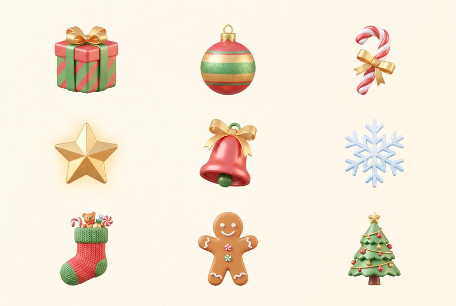 Set of 3D Christmas icons: gift, bauble, candy cane, star, bell, snowflake, tree