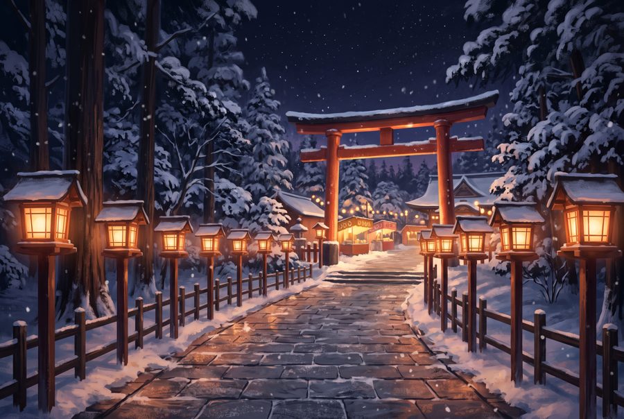 Japanese shrine approach at New Year night with glowing lanterns and torii in snow
