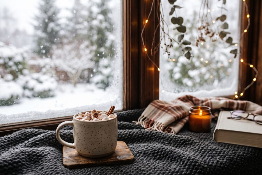 Hot cocoa with marshmallows on knitted blanket by snowy window, cozy winter