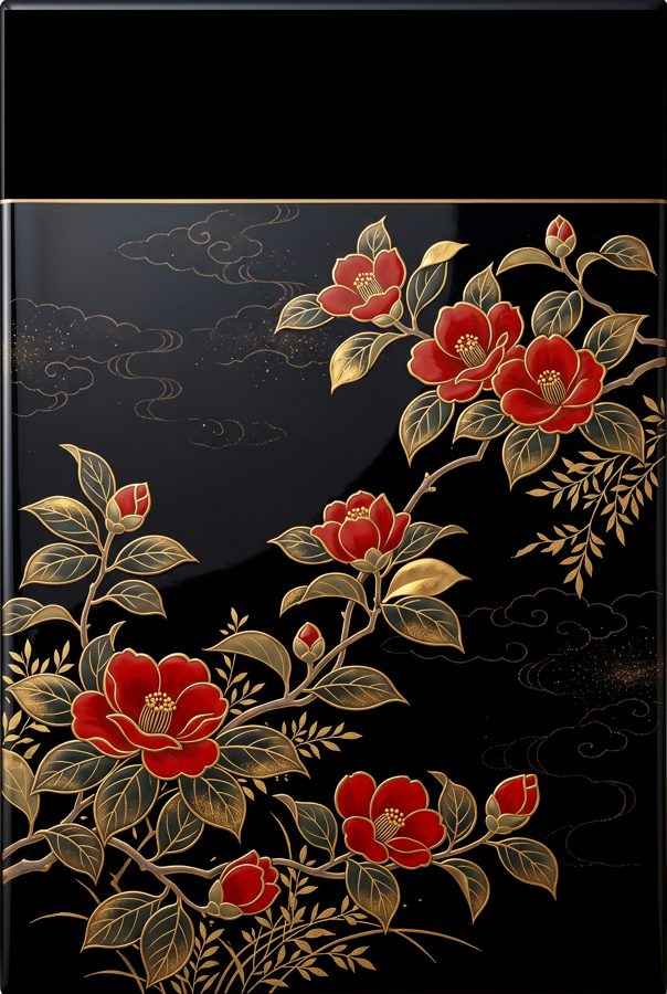 Red camellia with gold leaves on black, Japanese lacquer maki-e style vertical design
