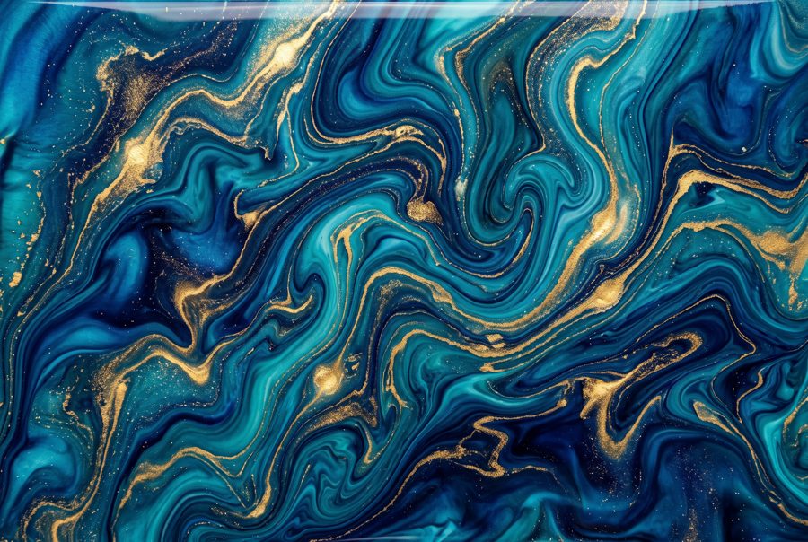 Abstract blue and teal fluid marble background with gold veins