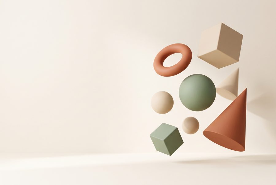 Minimal 3D geometric shapes in beige, terracotta and sage on cream background