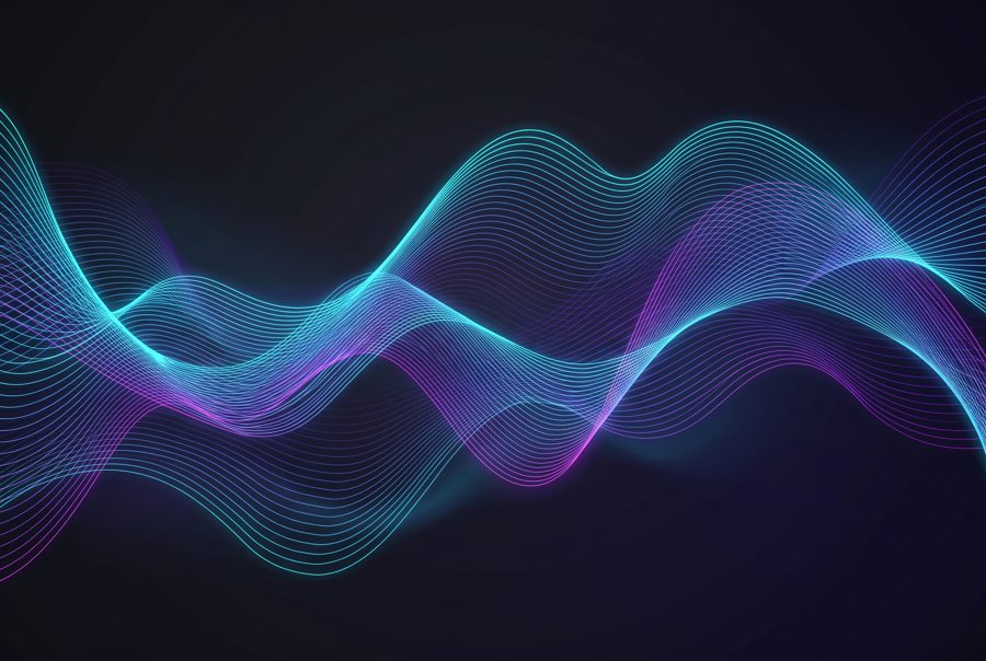 Abstract dark background with flowing luminous cyan and violet wave lines