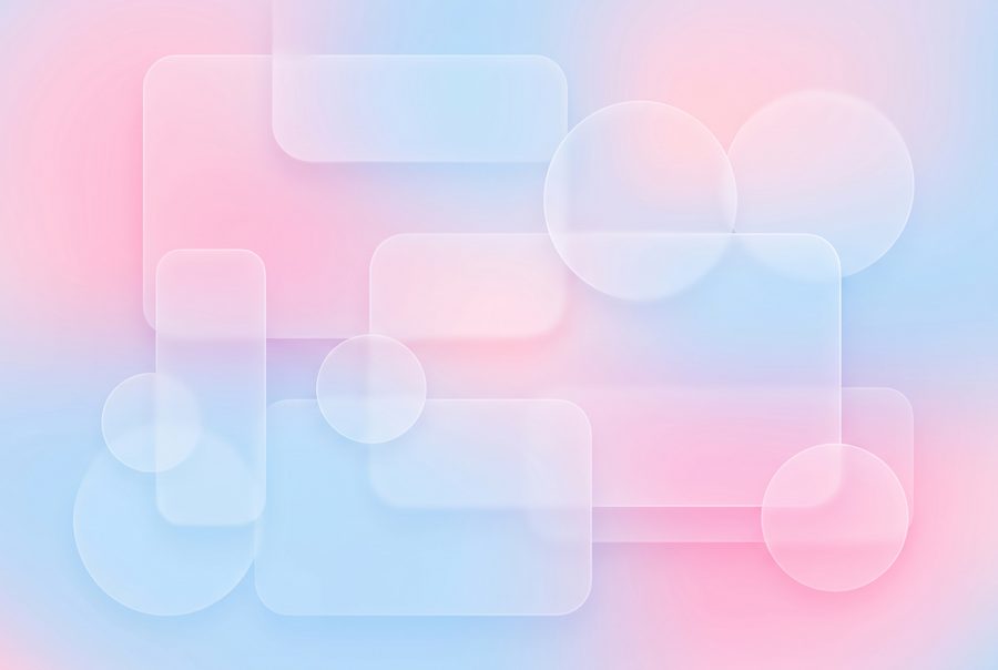 Glass morphism abstract background with translucent shapes on blue pink gradient