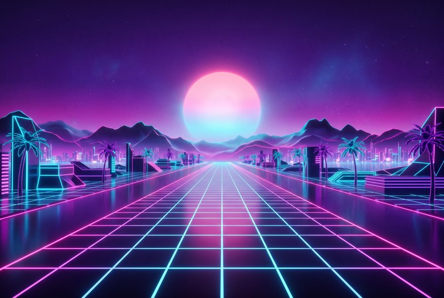 Retro synthwave background with neon grid floor and gradient purple sky
