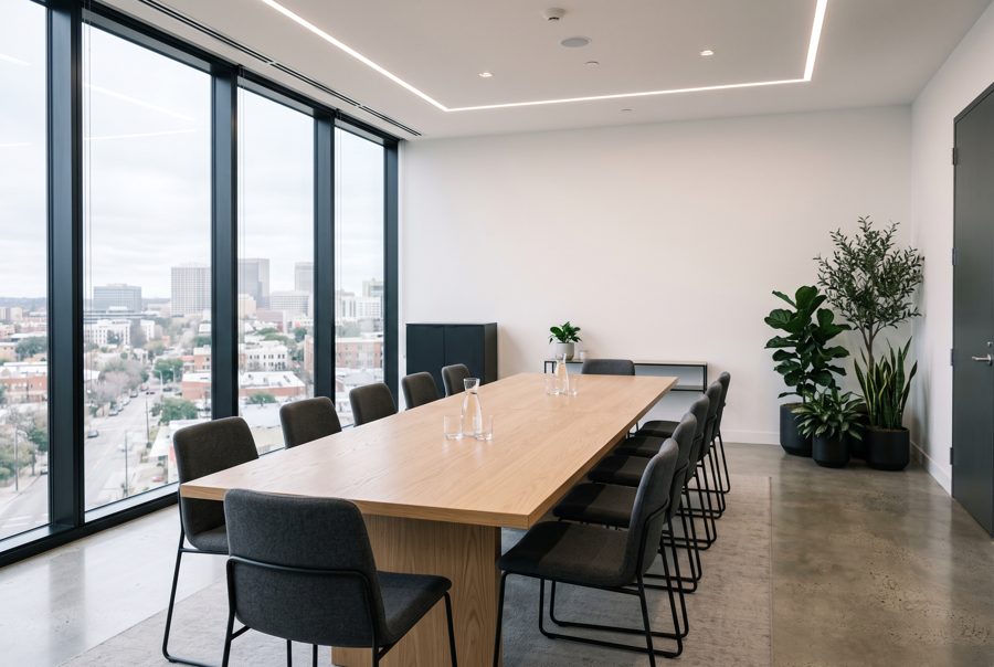 Empty modern meeting room with wooden table and large windows