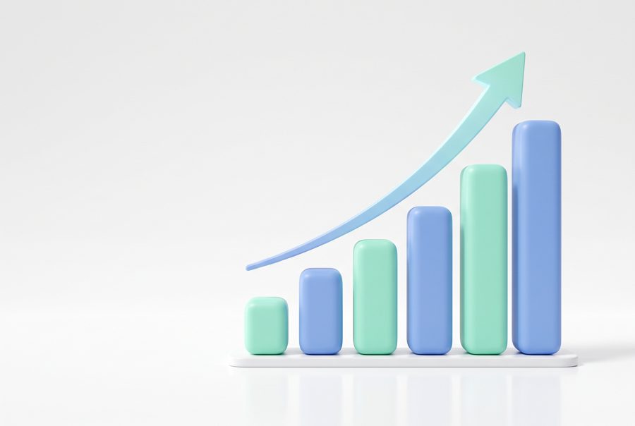 3D rising bar chart with upward arrow, business growth concept