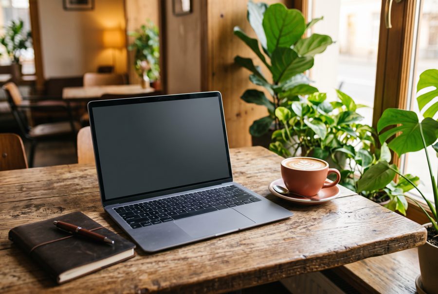 Laptop and latte on wooden cafe table in morning light, remote work