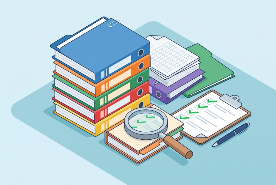 Flat illustration of documents, folders, magnifier and checklist, organization concept