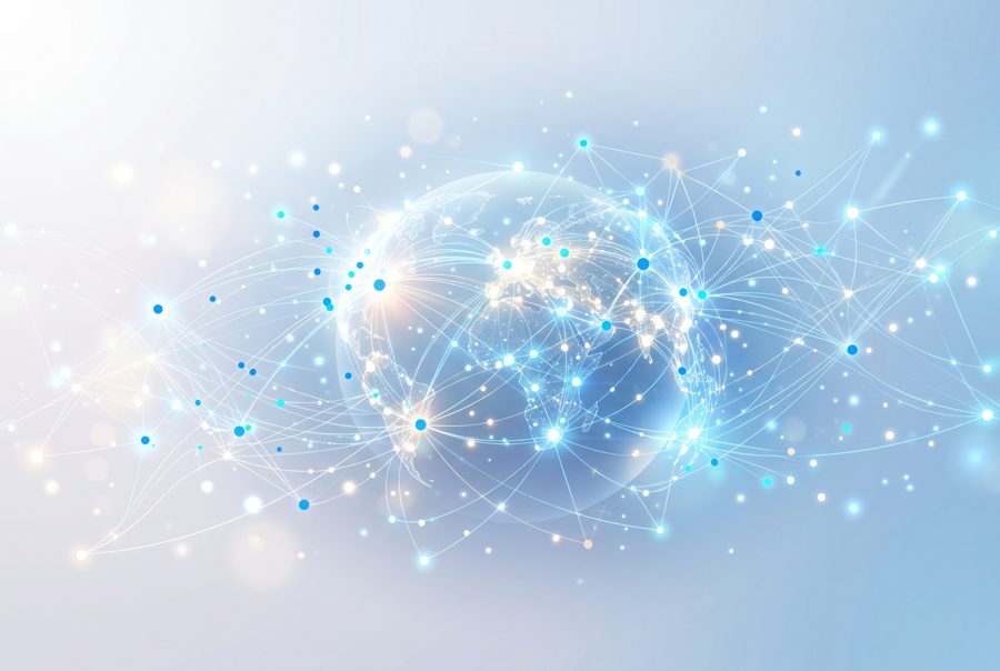 Connected network nodes on light blue gradient, communication and business concept