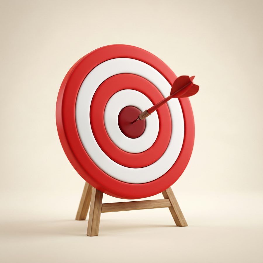 3D target with dart in bullseye, goal achievement concept