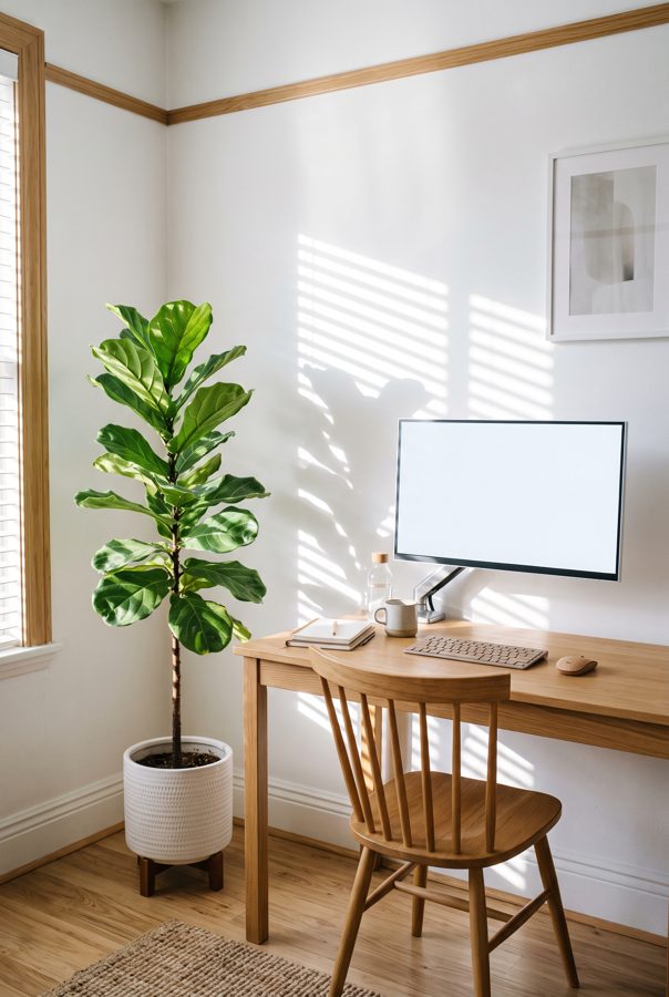 Bright white home office corner with monitor, chair and fiddle leaf fig, vertical