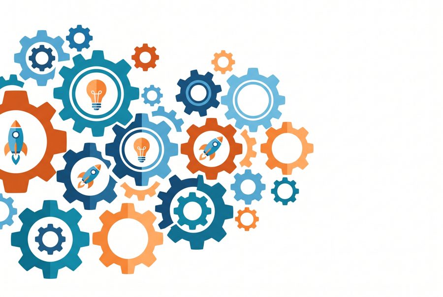 Interlocking gears with light bulb and rocket icons, innovation and process concept