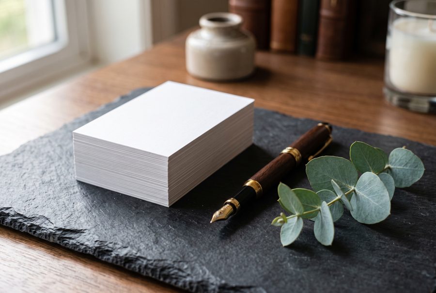 Blank white business cards mockup on dark slate with fountain pen and eucalyptus