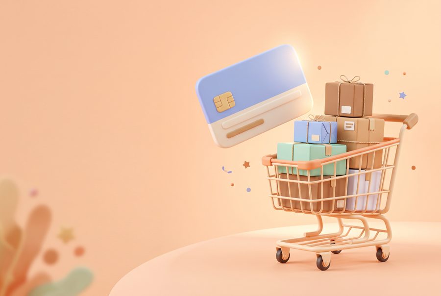 3D shopping cart with parcels and blank card, e-commerce concept on pastel orange