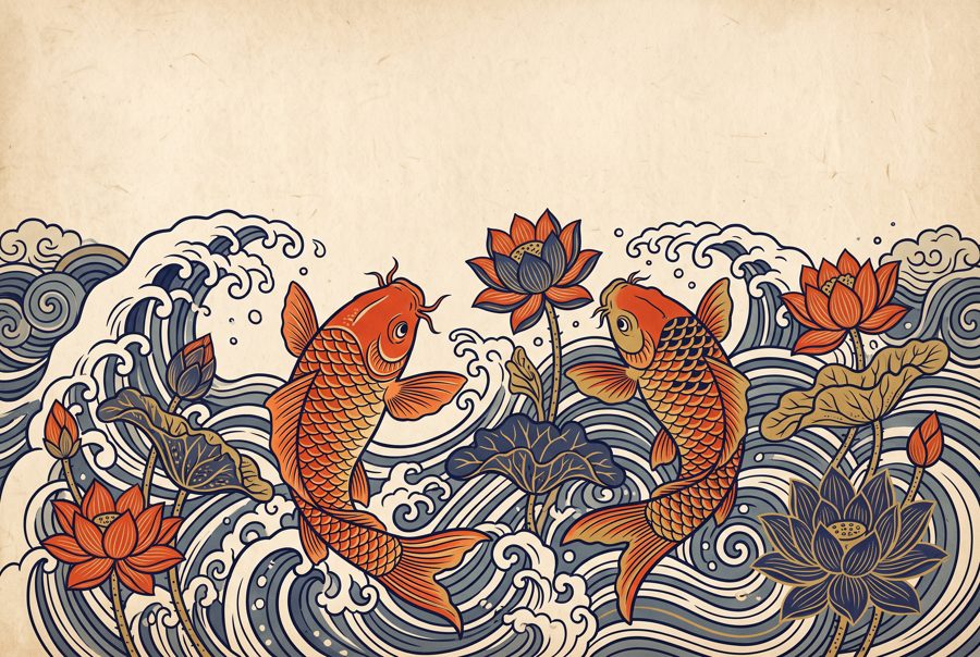 Two koi carp among stylized waves and lotus, Japanese ukiyo-e style illustration