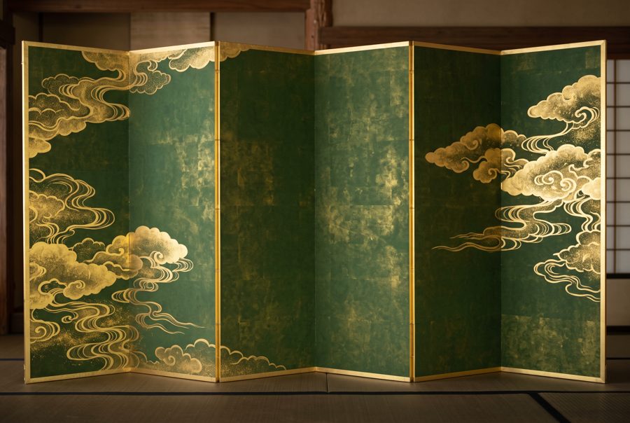 Golden stylized clouds on deep green, Japanese folding screen style background