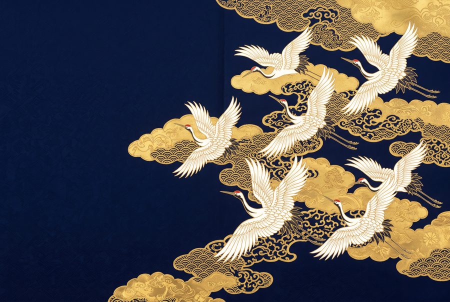 White cranes flying among gold clouds on navy, Japanese kimono textile style