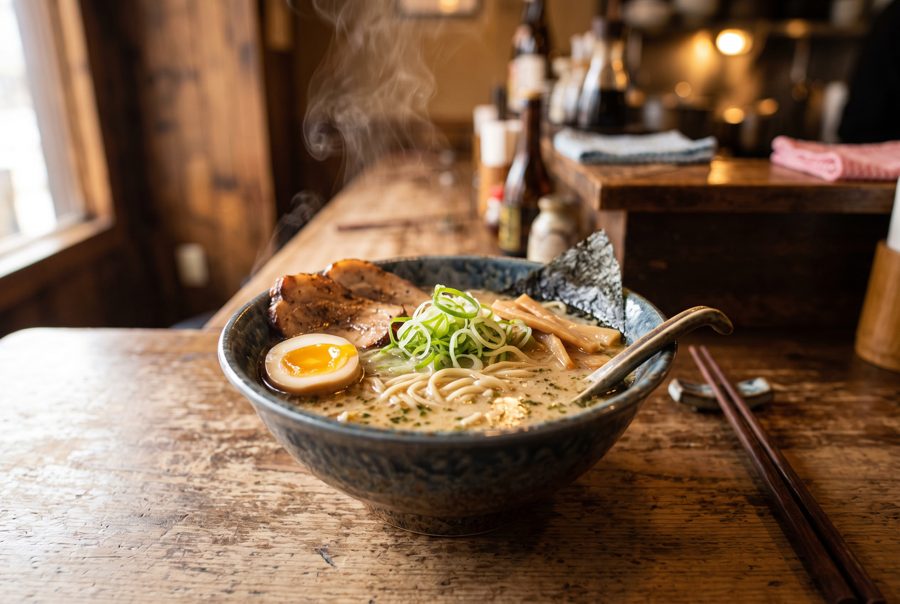 Tonkotsu ramen bowl with pork, egg and green onion on wooden counter