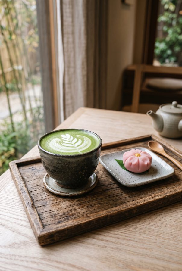 Matcha latte and pink wagashi sweet on wooden tray, Japanese cafe, vertical