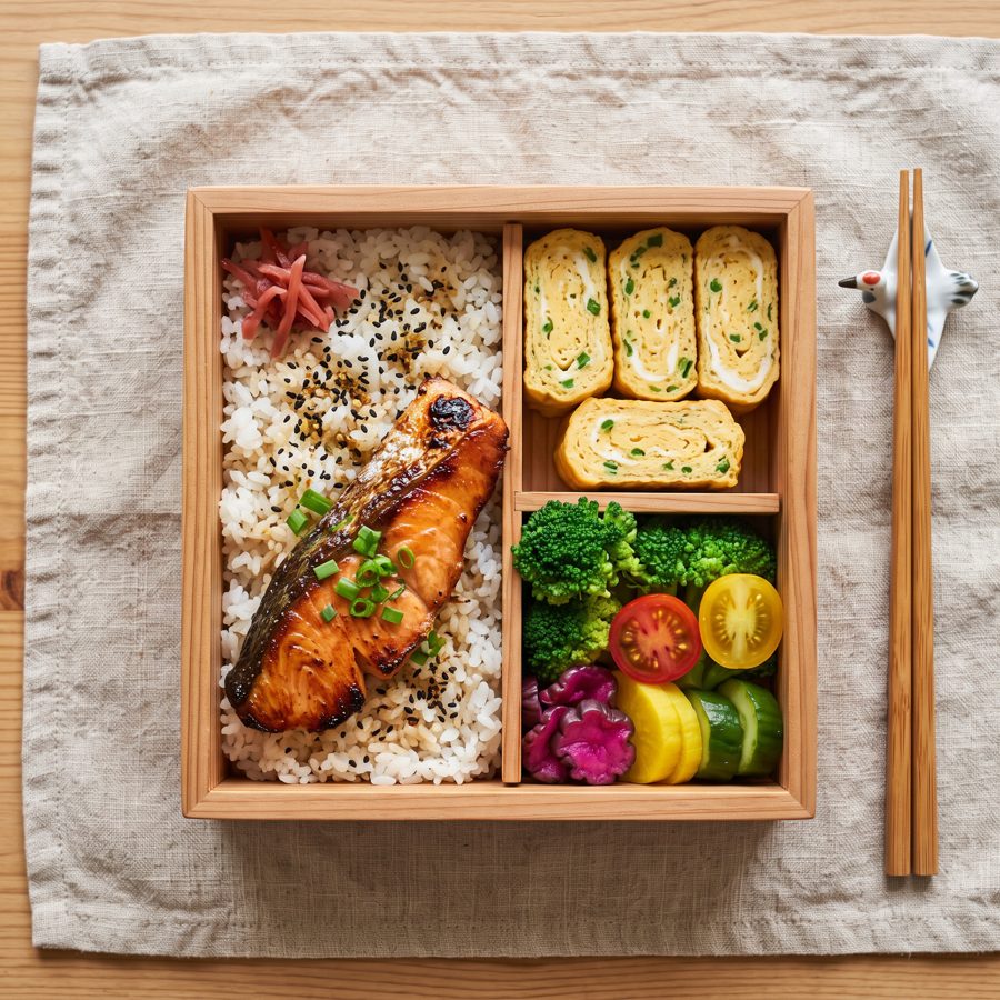 Colorful Japanese bento box with salmon, omelet and vegetables, top view