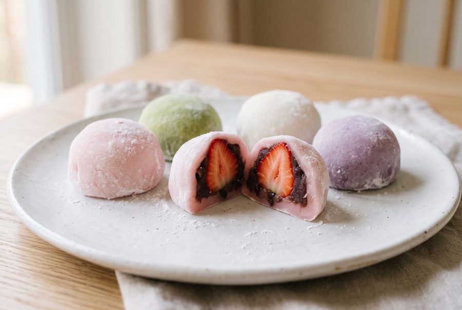 Assorted pastel daifuku mochi on white plate with strawberry red bean filling