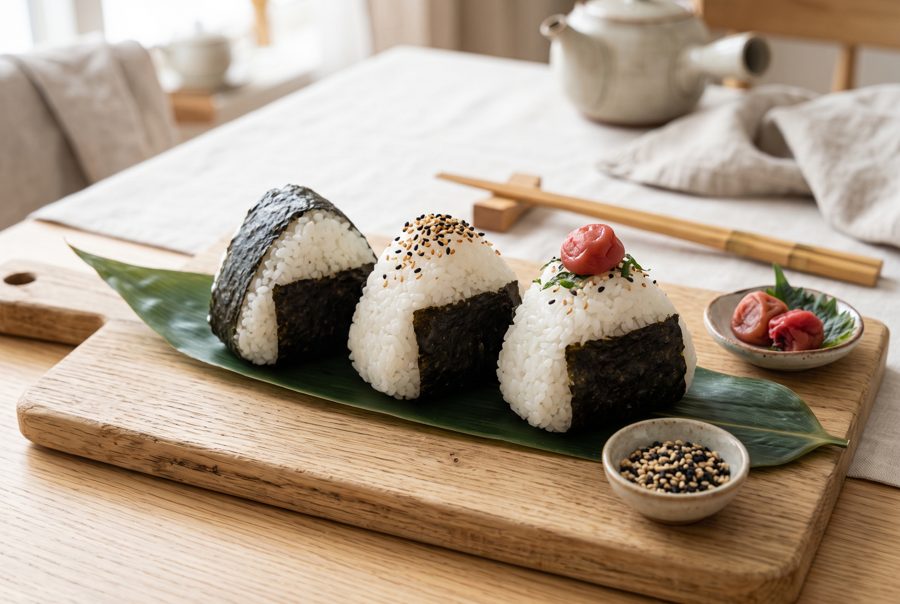 Three onigiri rice balls with nori on bamboo leaf, Japanese food
