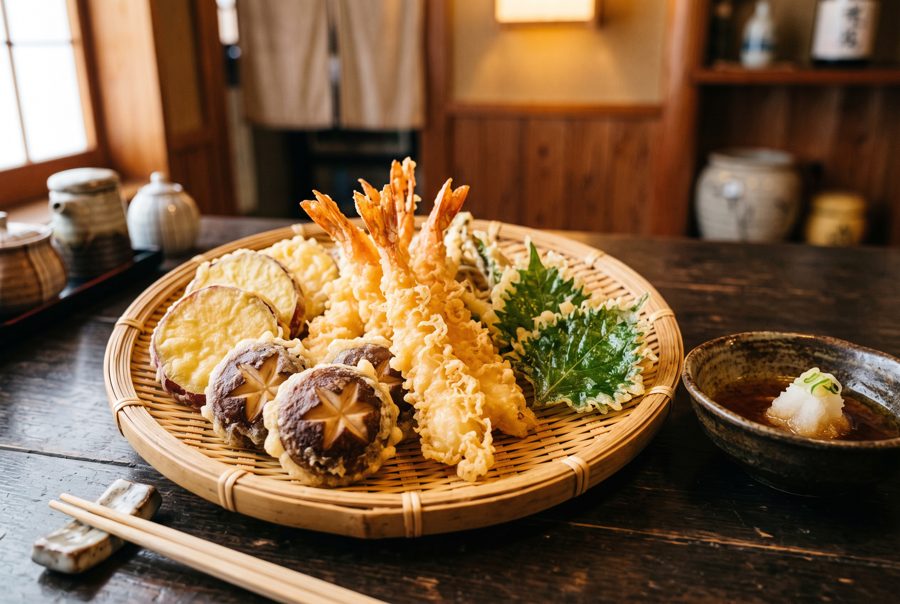 Tempura platter with shrimp and vegetables on bamboo basket with dipping sauce