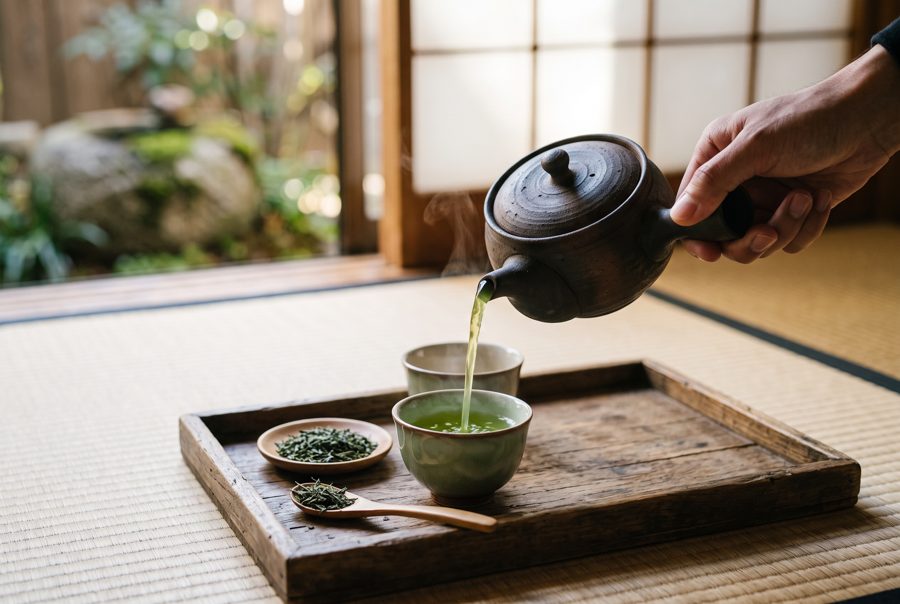 Japanese sencha green tea set with clay teapot on wooden tray
