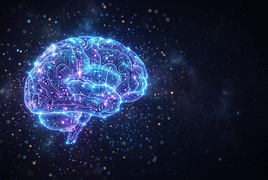 Glowing circuit brain, artificial intelligence concept on dark background
