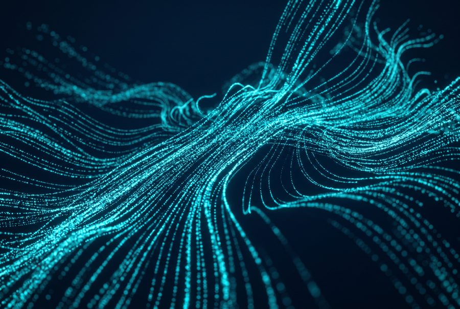 Glowing cyan particle data streams flowing through dark space, abstract technology