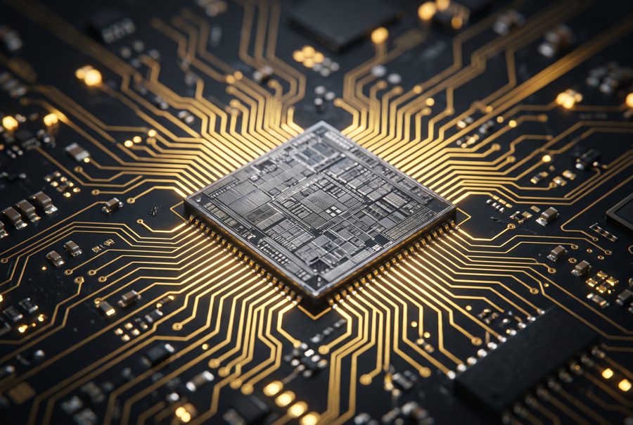 Microchip processor on circuit board with glowing gold traces, semiconductor concept