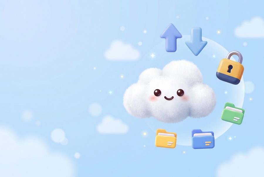 3D cloud with arrows, padlock and folders, cloud computing concept on pastel blue